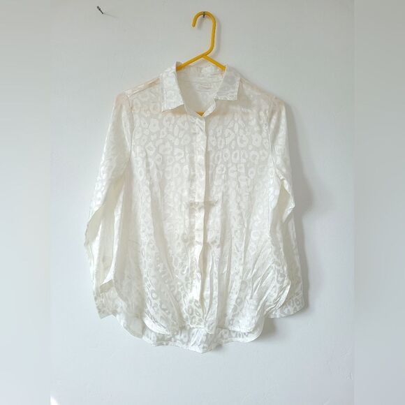 Ivory Animal Print Blouse Jaquard Embossed Satin Semi Sheer Cream Size Small - Picture 10 of 12